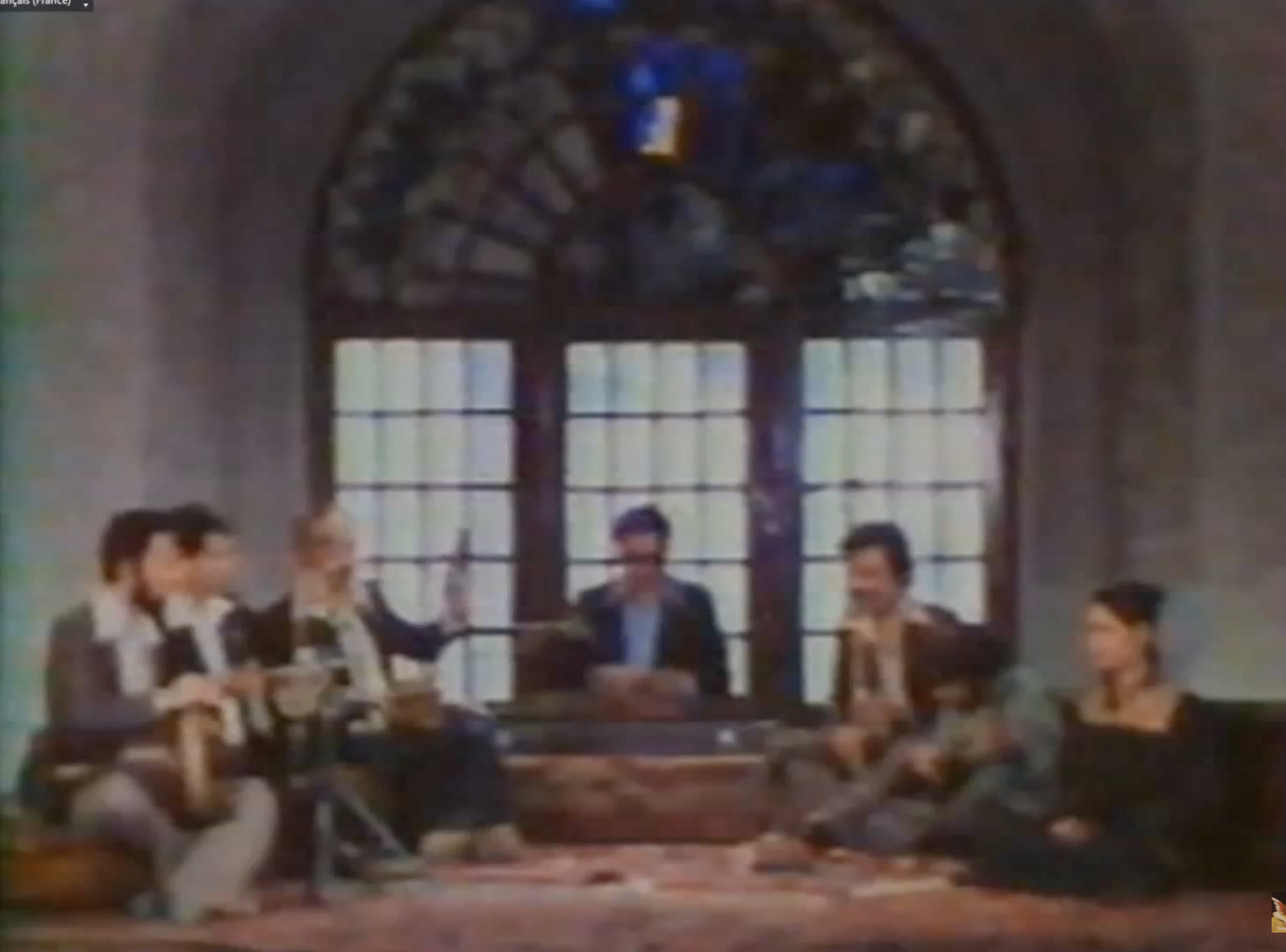Parissa with Ensemble Darvish before arched window — Dastgah-e Mahur studio session; footage reused in Sept jours en Perse, 1979