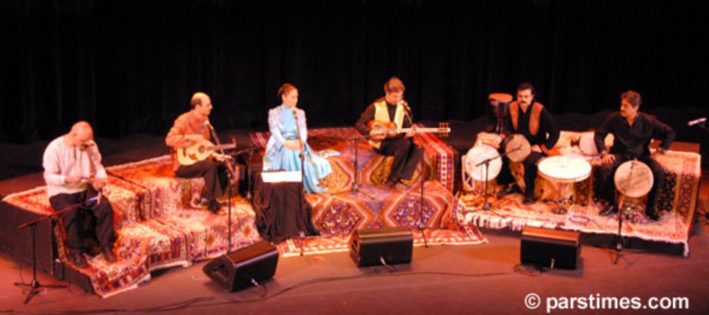 Parissa and Dastan Ensemble on tiered platforms with Persian rugs — kamancheh, tar, barbat, and daf; Los Angeles, September 30, 2006