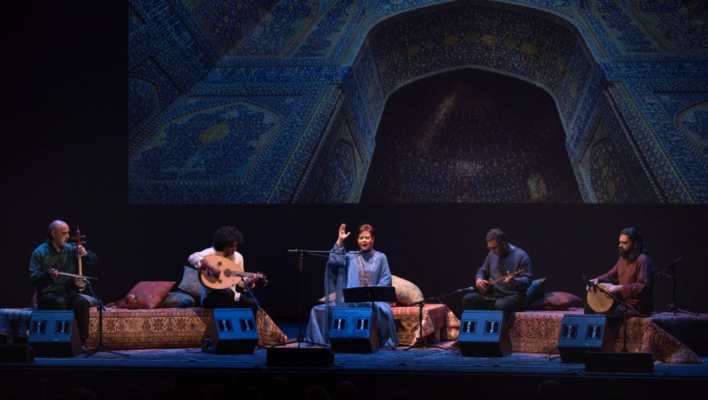 Parissa and Hamnavazan on Persian rugs at Royce Hall — kamancheh, oud, setar, tombak, and daf; monumental tiled-arch projection; Farhang Foundation 11th Annual Nowruz, March 10, 2019
