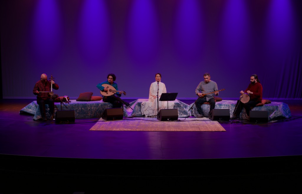 Parissa and ensemble on stage — kamancheh, oud, tar, and tombak; Recitals of the Nightingale, Stanford Festival of Iranian Arts, 2019