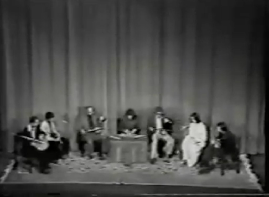 Parissa with the Hossein Alizadeh ensemble on stage — Dastgah-e Nava, University of Tehran, c. 1977; santour, tar, kamancheh, and tombak