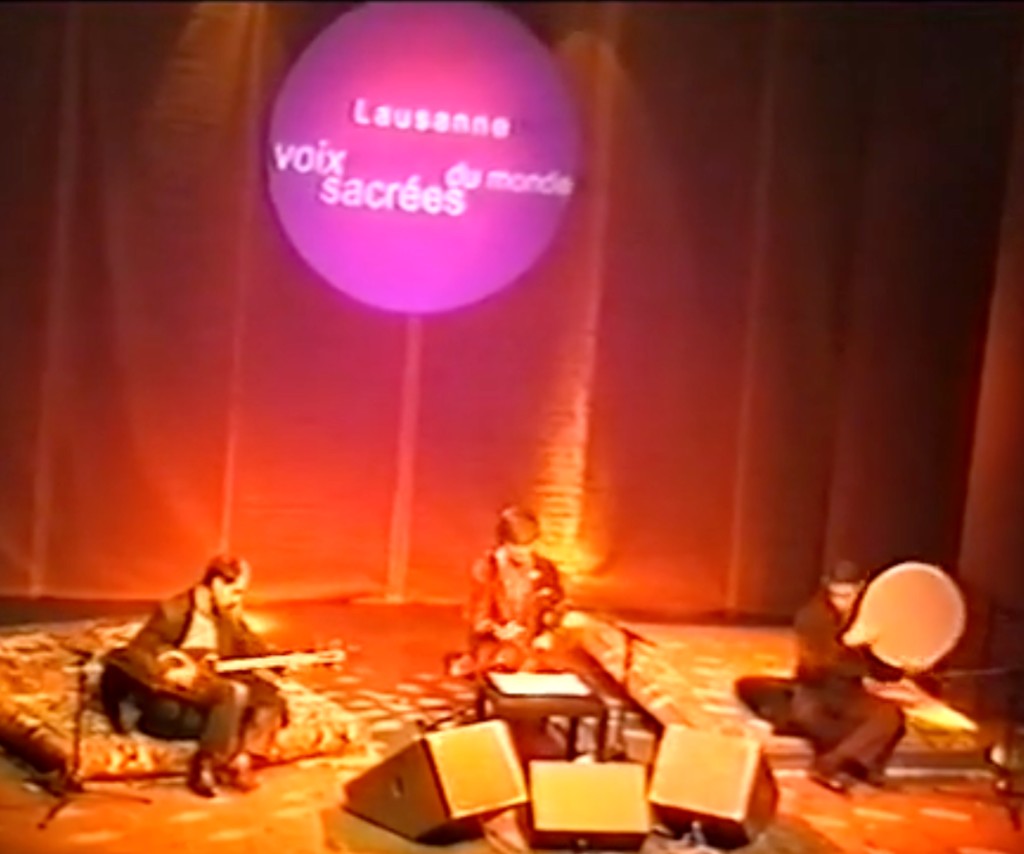 Parissa with Behdad Shahideh (tar) and Dara Afraz (daf) on stage — Voix Sacrées du Monde, Lausanne, 2001